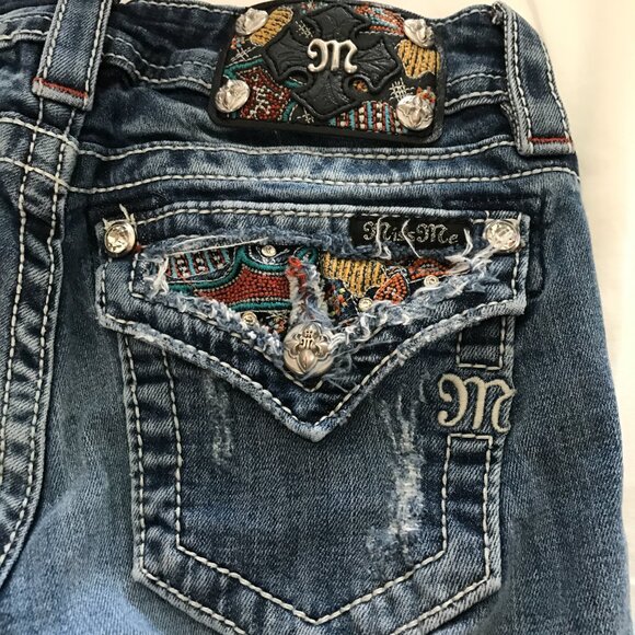 Miss Me Signature Cuffed Skinny Jeans Women 25 Blue Low Rise Aztec Patch Flap - Picture 12 of 16
